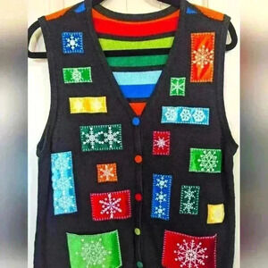 Vintage Christmas Holiday Themed Beaded Snowflakes Sweater Vest Colorful!